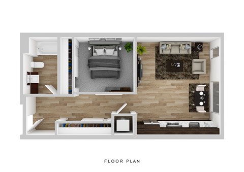 Floor plan for 1 bed, 1 bath, 643 sqft